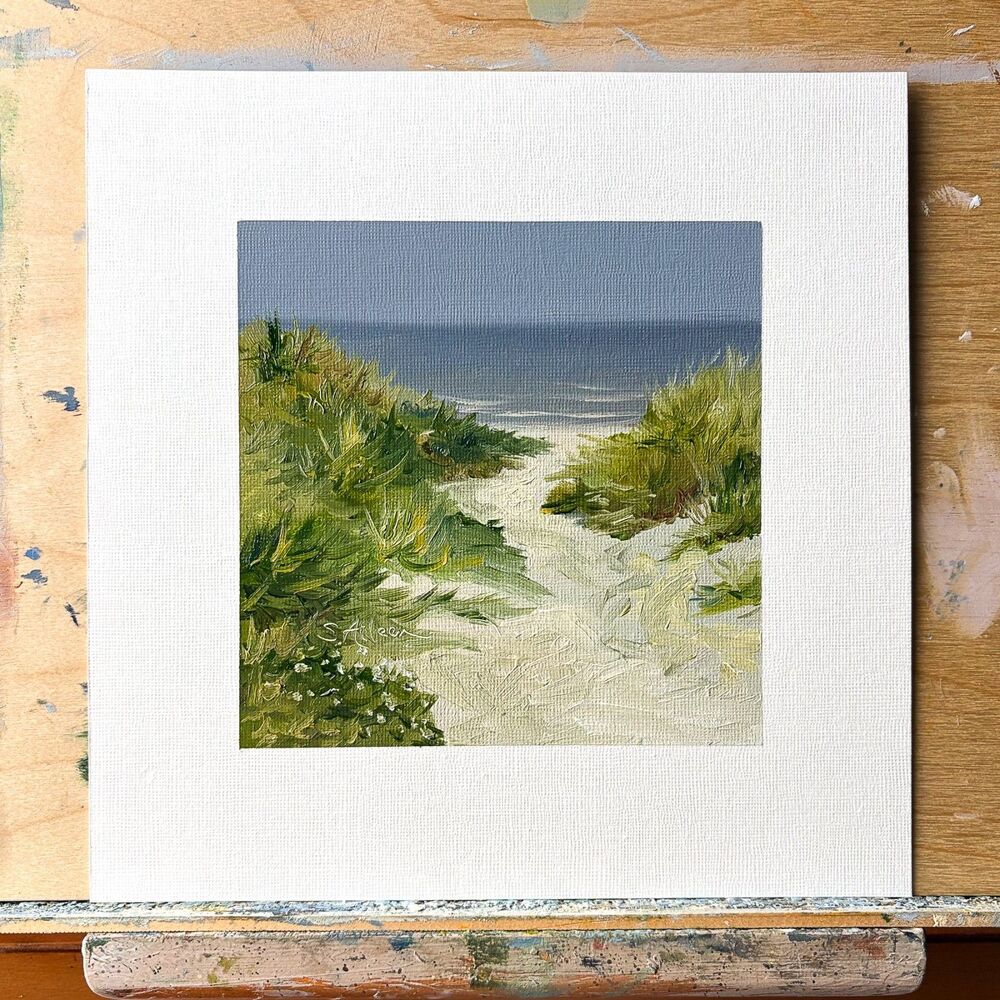8x8 Original Oil Painting Seascape Beach Dunes Coastal Moody Ocean Storm Signed - Picture 2 of 9